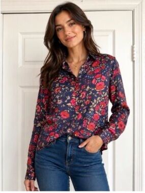 Ralph Lauren Navy Button-Down Shirt with Red Floral Print